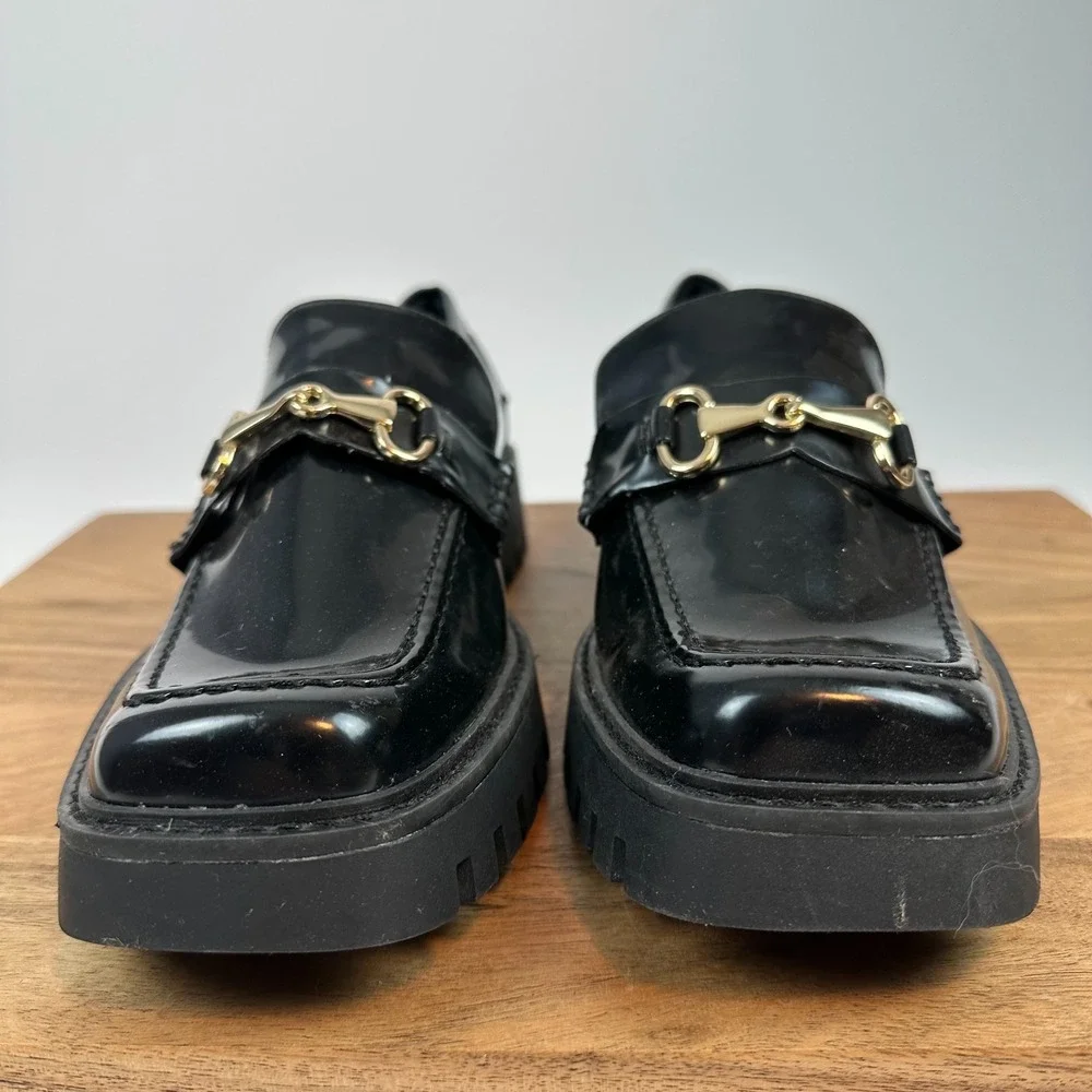 New Womens Open Edit Heather Black Faux Leather Horsebit‎ Lug Sole Loafers Sz 11